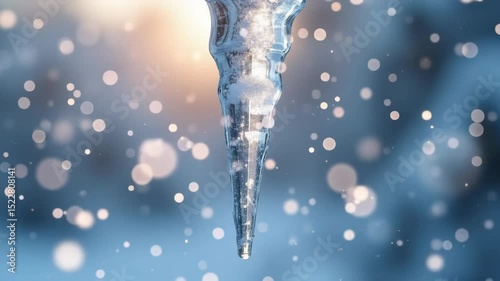 Icicle hanging with snowflakes in a winter landscape background  