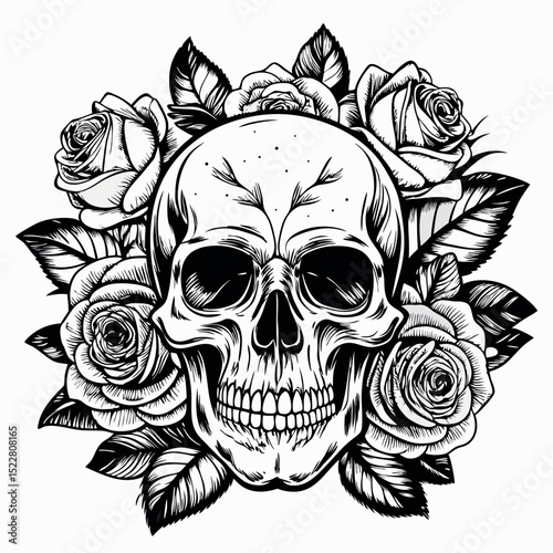 Black and White Skull Surrounded by Roses in Detailed Vector Illustration