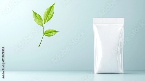 White Flat Pouch Mockup with Green Leaves on Light Blue Background