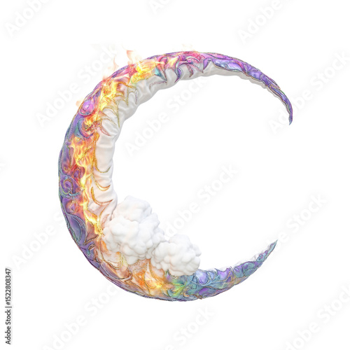 Celestial Crescent Iridescent Moon with Ethereal Clouds and Fire