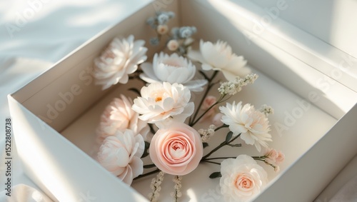 A beautiful artificial flowers arranged in a box with soft lighting. Elegant and delicate floral display in a clean container. photo