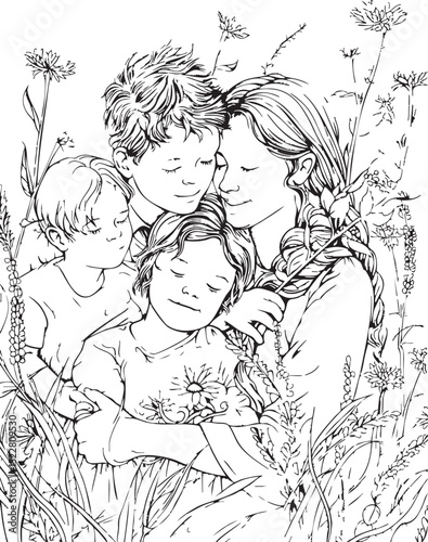 cartoon, illustration, vector, coloring, woman, coloring book, drawing, child, fairytale, love, people, cat, animal, family, children, outline, sketch, mother, art, fairy tale, baby, toy, comic, funny