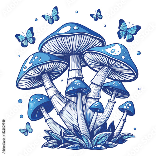 Blue Mushrooms and Butterflies Vector Illustration, Forest Fungi Art, Whimsical Nature Scene