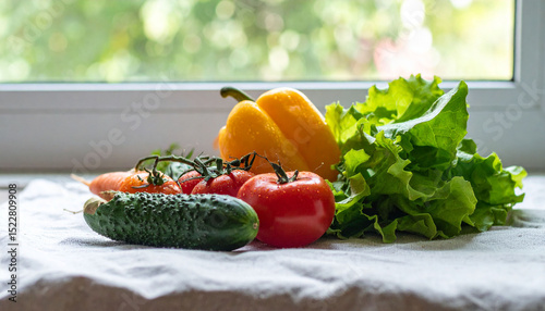 fresh produce is arranged on a linen surface with a window backdrop. the vegetables include a cucumber, a carrot, tomatoes with their green stems, a yellow bell pepper, and a bunch of leafy greens