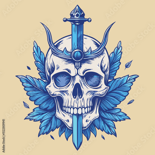 Blue Skull Crowned with Horns and Sword Pierced Through, Leafy Wings
