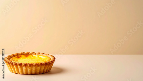 the image features a dessert placed on a light surface. the dessert is a circular pastry with a crimped crust and a smooth, golden yellow filling