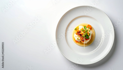 the image shows a carefully arranged food dish on a large, round, white plate. a light yellow puree is arranged in a circle in the center of the plate
