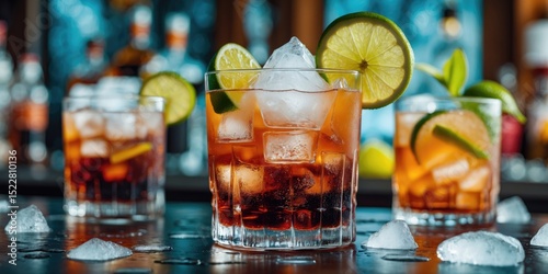 Classic cocktail served with ice, highlighted in a bar setting. Strong drink consisting of cola, lime, and ice in a glass, refreshing long drink or lemonade. Includes space for text.