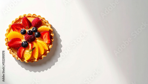 a small, round dessert rests on a plain backdrop. the dessert has a flaky crust and is filled with a smooth, golden substance