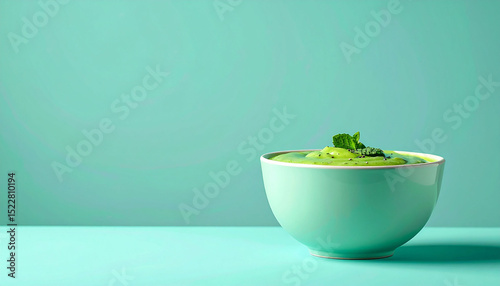 the image showcases a light colored bowl filled with a thick, green mixture. the bowl is seated on a surface that matches the light background, creating a cohesive look
