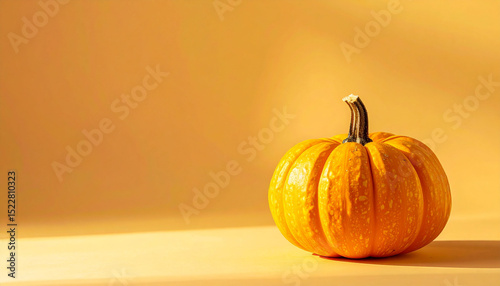 against a solid orange backdrop, a small orange gourd rests. the gourd is ribbed and features a short, thick stem that sticks straight up