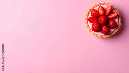 the image showcases a sweet pastry on a solid background. the baked shell features fluted edges and holds a smooth, light filling. sliced and whole fruits are arranged on top in a decorative pattern