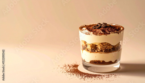the main subject of the image is a layered dessert served in a clear glass. this sweet treat appears to consist of cream, espresso soaked biscuits, and dusted cocoa