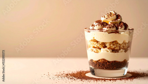 against a warm toned backdrop, a glass cup is filled with a layered dessert