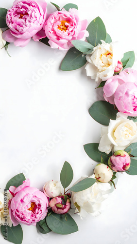 the image shows an arrangement of flowers and leaves against a plain background. the flowers are mostly pink and white, with some in full bloom and others as buds