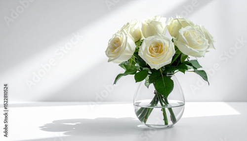 a clear glass vase containing fresh water holds a bouquet of white flowers with green leaves