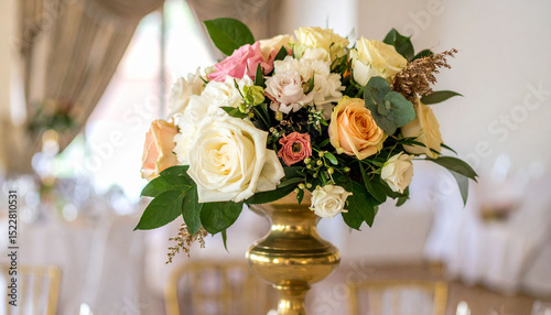 the image depicts a floral arrangement in a formal indoor setting. a variety of flowers, including large white and peach colored blooms, are arranged in a golden vase
