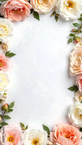 the image showcases a collection of flowers arranged around the edges of a bright background. the flowers are predominantly in shades of white, peach, and pink, creating a soft, pastel color palette