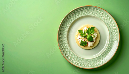 a light green background highlights a two tiered plate holding a culinary creation. a cream colored base sits on the inner, light green dish, topped with white cheese and sprigs of fresh, green herbs
