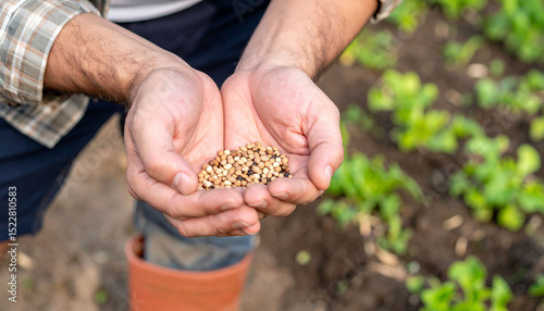 a person is holding seeds in their cupped hands, standing in a garden or field. the seeds are small, round, and have varying shades of tan and brown