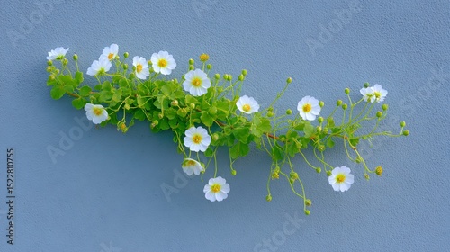 White Flowers and Green Vines Climbing a Blue Wall