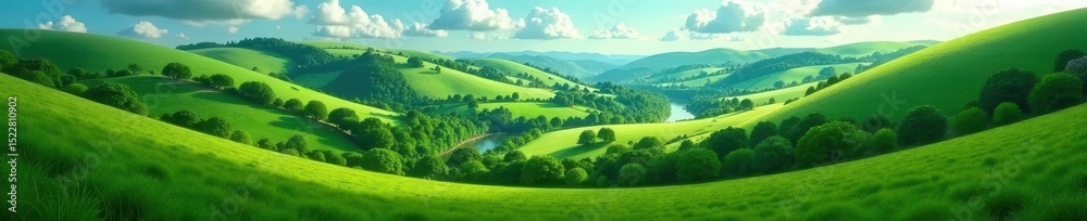 Fototapeta premium Vast green fields, scattered forests, winding rivers , river, peaceful, meadow