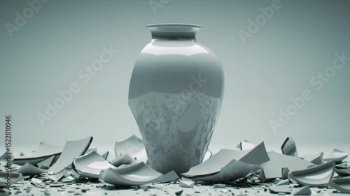 Shape and Fragment Geometry of Destruction. Broken Ceramic Vase with Shattered Pieces Against a Neutral Background