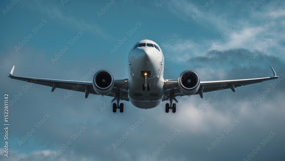 Naklejka premium Airplane during take-off against a blue sky with clouds
