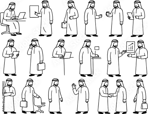 Hand-drawn illustration set of Arab businessmen in traditional attire, performing various business and office activities