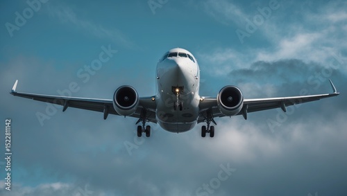 Airplane during take-off against a blue sky with clouds