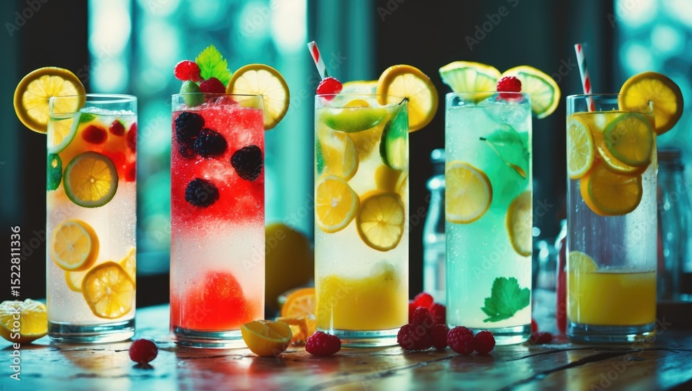 Fototapeta premium Bright glasses of lemonades with different tastes, decorated with fruits, cold, fresh, refreshing on the table with empty space for text