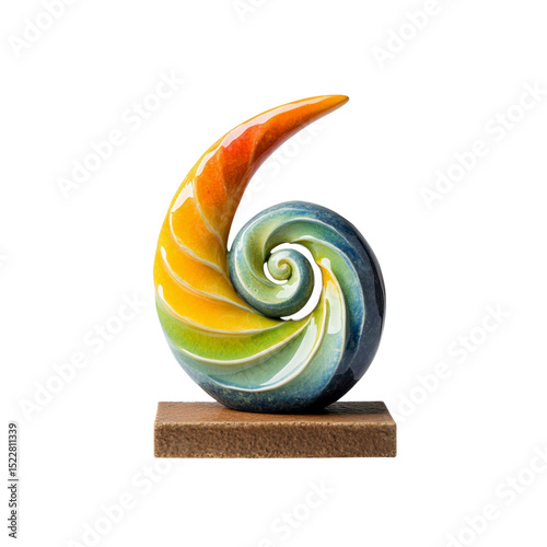 Rainbow Spiral Ceramic Sculpture on Wooden Base