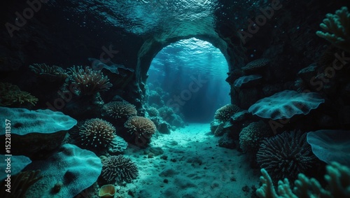 Wallpaper Mural A small underwater tunnel deep on a tropical coral reef with vibrant corals and marine life. Torontodigital.ca