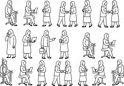 Line art set of Arab women in hijab involved in professional and business interactions, meetings, and communication