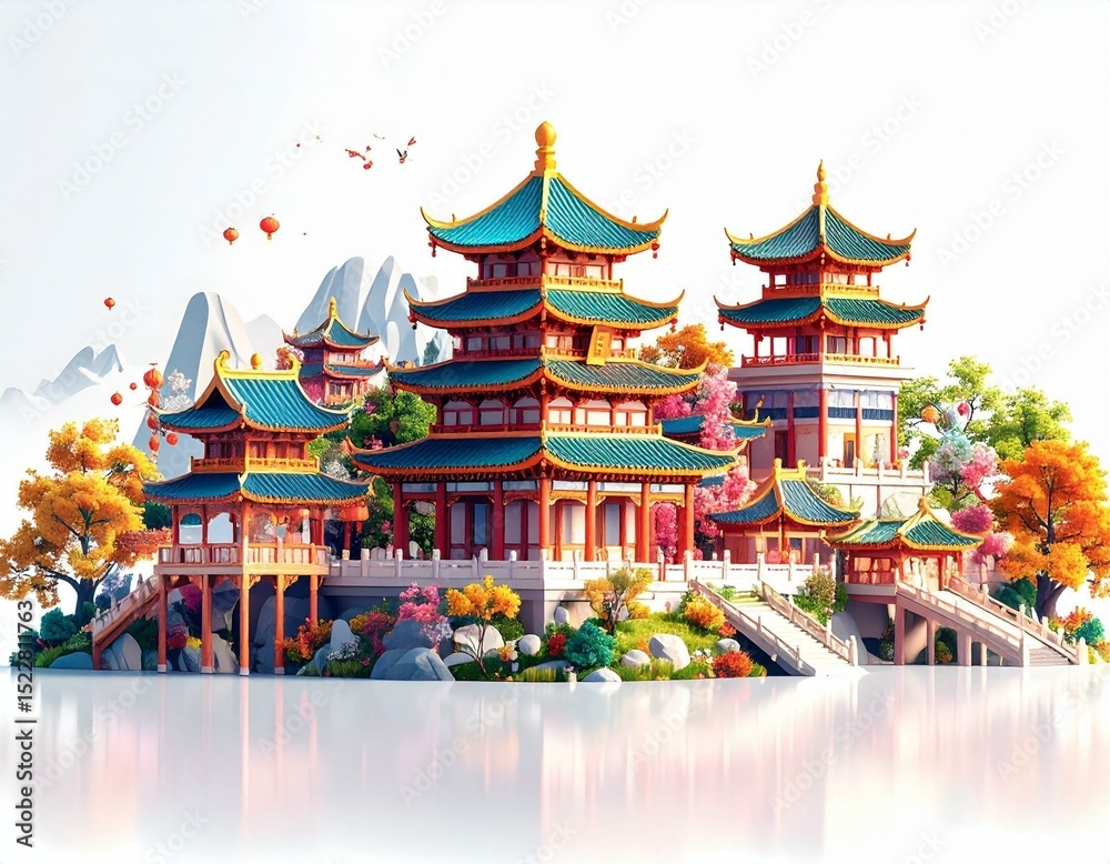 Fototapeta premium Stunning Asian Temple Complex on Serene Island Landscape Vibrant Autumn Colors and Pagoda Architecture