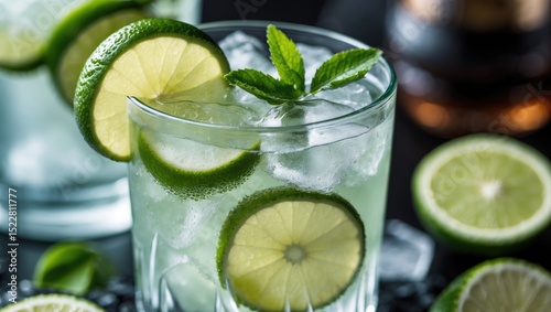 Cold drink with lime and ice close-up. Summer cocktail. photo