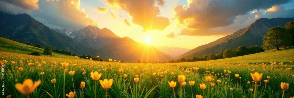 Obraz premium Vibrant green spring meadow unfolds beneath a breathtaking golden sunset, towering mountains silhouette the sky , valley, dramatic, grass