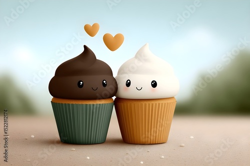 Charming illustration of two smiling cupcakes with chocolate and vanilla frosting, adorned with floating hearts. Set against a soft background, symbolizing sweetness, friendship, and joy.