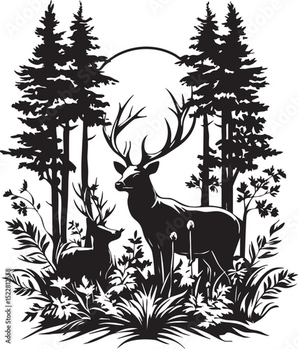 deer, animal, silhouette, vector, nature, reindeer, illustration, christmas, mammal, wildlife, wild, forest, antler, stag, elk, art, cartoon, moose, tree, horn, hunting, black, antelope, design, sketc