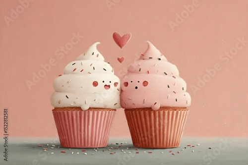 Charming illustration of two smiling cupcakes with vanilla and strawberry frosting. Decorated with sprinkles and floating hearts, set against a soft background, evoking sweetness and joy.