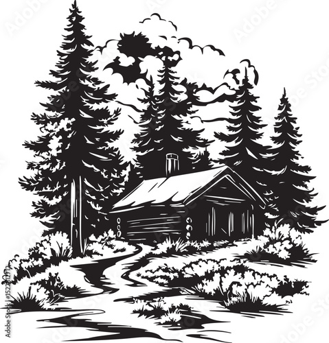 tree, winter, christmas, snow, forest, landscape, fir, pine, vector, nature, holiday, cold, illustration, xmas, wood, celebration, season, trees, spruce, scene, sketch, house, december, snowflake, new