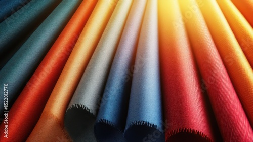 A vibrant display of rolled fabrics in an array of colors, illuminated by sunlight, ideal for showcasing creativity and craftsmanship in textile design and fashion photography.