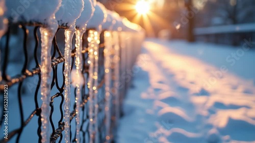 Snow-covered fence with icicles and sunrise in winter landscape  