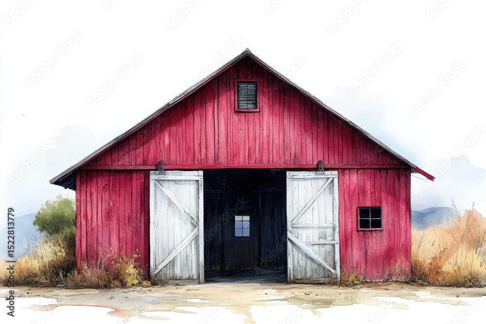 Obraz premium Red barn with white door and window.