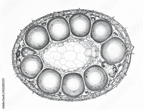 Microscopic Cross Section of a Plant Stem Showing Vascular Bundles and Cellular Structure