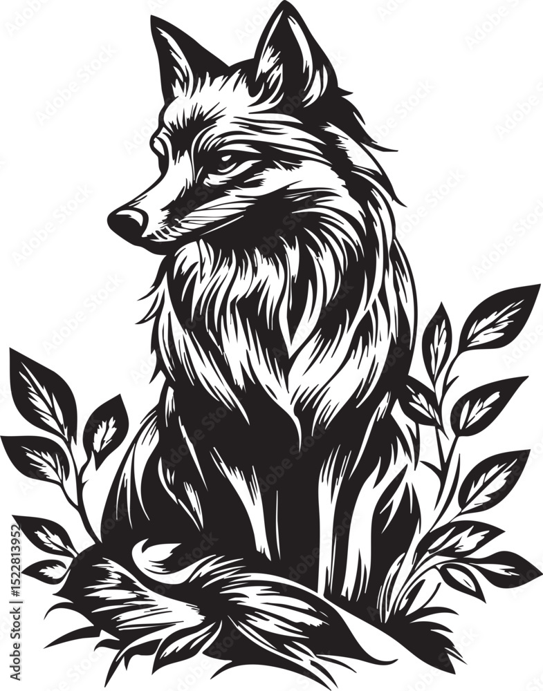 Fototapeta premium fox, animal, wolf, cartoon, vector, head, dog, illustration, wild, wildlife, mammal, tattoo, fur, cat, nature, red fox, canine, drawing, cute, mascot, black, design, predator, coyote, beast