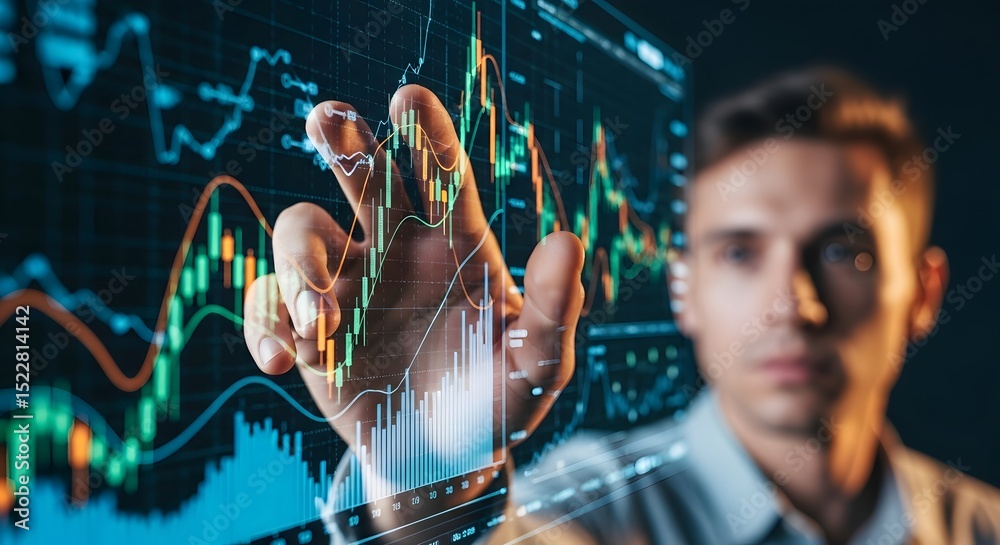 Fototapeta premium Man Interacting with Stock Market Data on a Transparent Screen