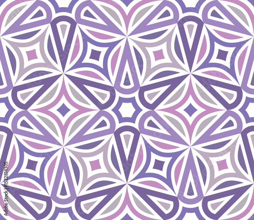 Seamless repeating pattern featuring various geometric shapes in white, pink, and purple in a modern mosaic style. Vector illustration suitable for wallpaper, wrapping, covers, fabric, and printing.