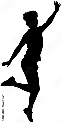 Silhouette of Joyful Boy Jumping High with Arms Raised