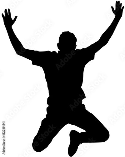 Silhouette of a man jumping with arms raised.